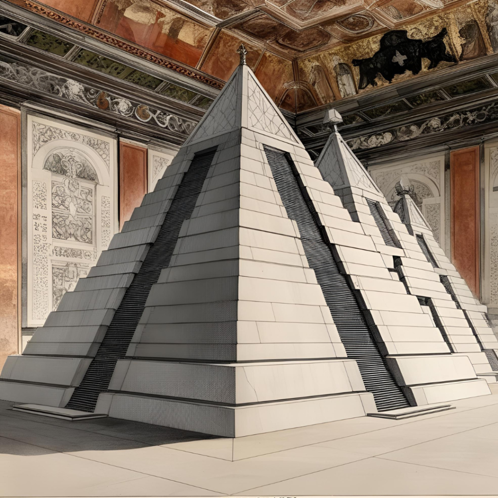 Modern pyramids in an ornate room
