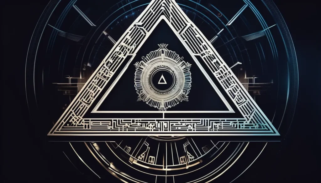 Stylized triangle with circuit-like design.